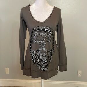 [Lauren Moshi] Gray Skull Graphic Shirt - Size XS